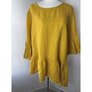 Bryn Walker Franci Asymmetrical Ruffle Linen Top Blouse Yellow Womens Medium